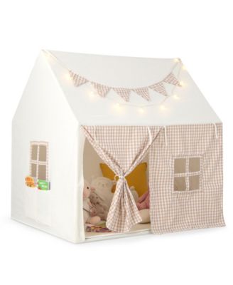Kids Play Tent Large Playhouse with Padded Mat and 2 Breathable Windows-Beige
