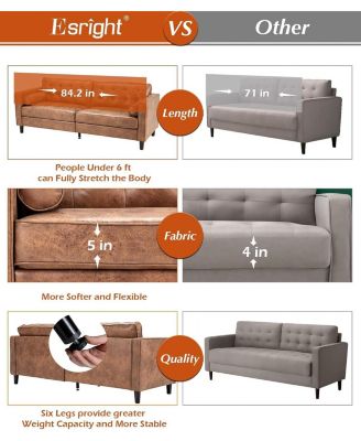 Faux Leather Sofa, 84.2-Inch Mid Century Modern 3-Seater Couch with 2 Bolster Pillows