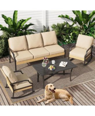 Outdoor Patio Furniture Set with Rocking Chair, 4 Piece Rattan Conversation Bistro Set with Coffee Table