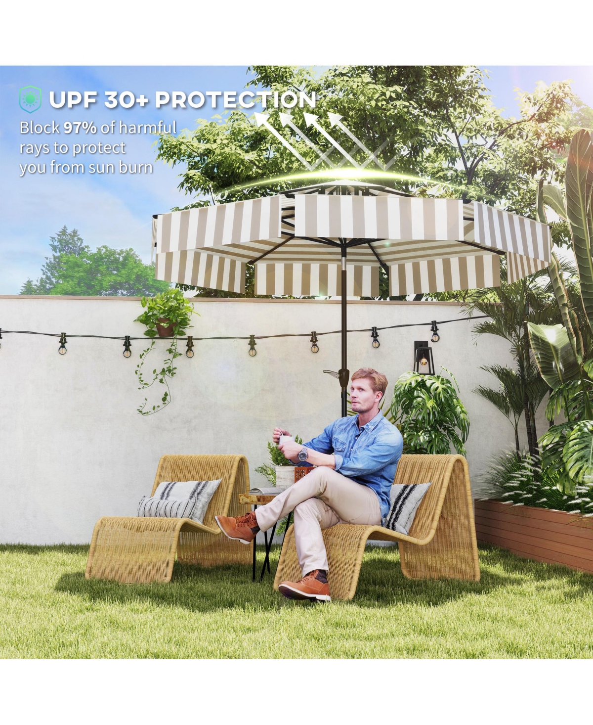 Outsunny 8.6FT Patio Umbrella Upf 30+ Vented Market Umbrella, Light