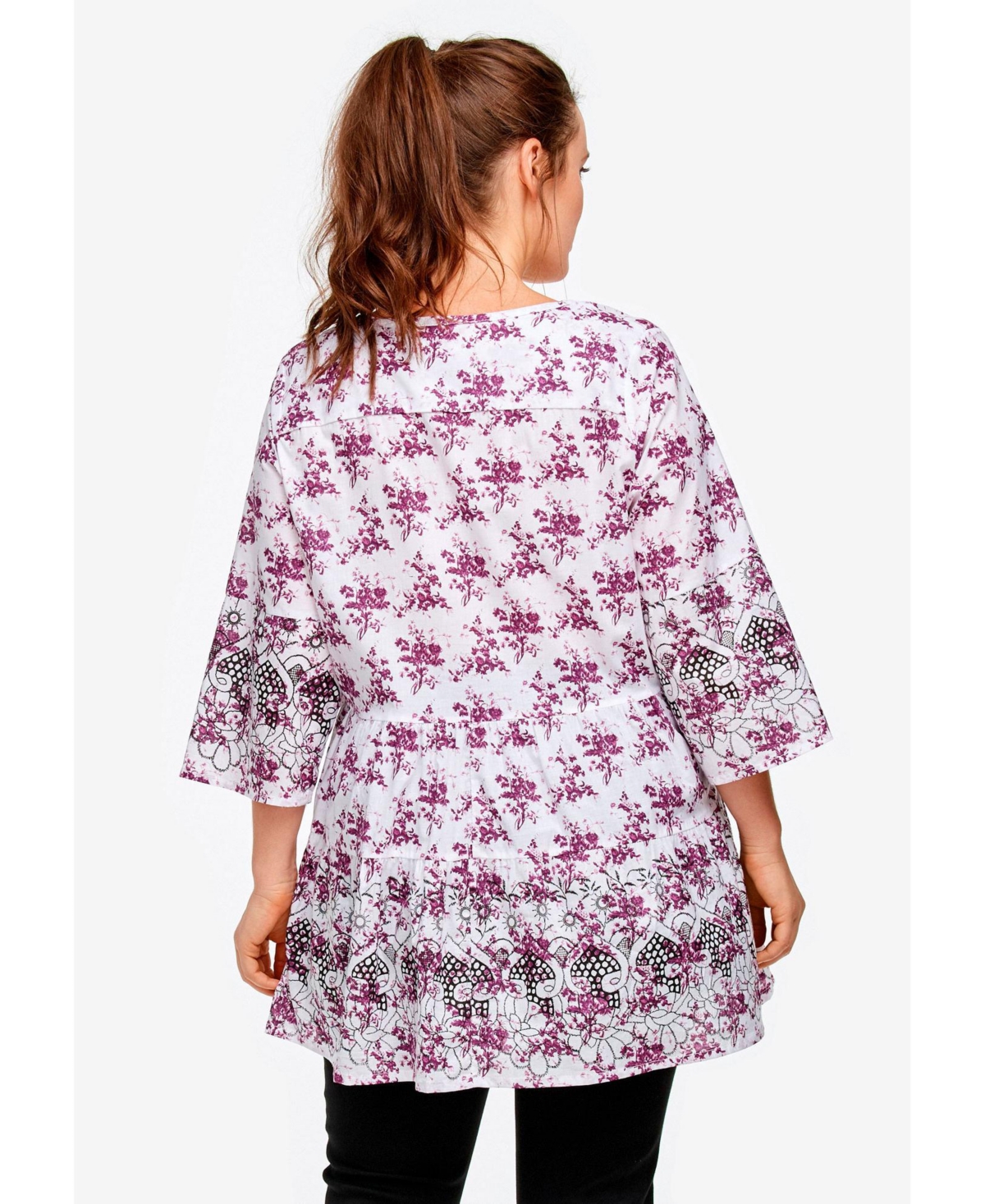 ellos Women's Tiered Floral 3/4 Sleeve Tunic