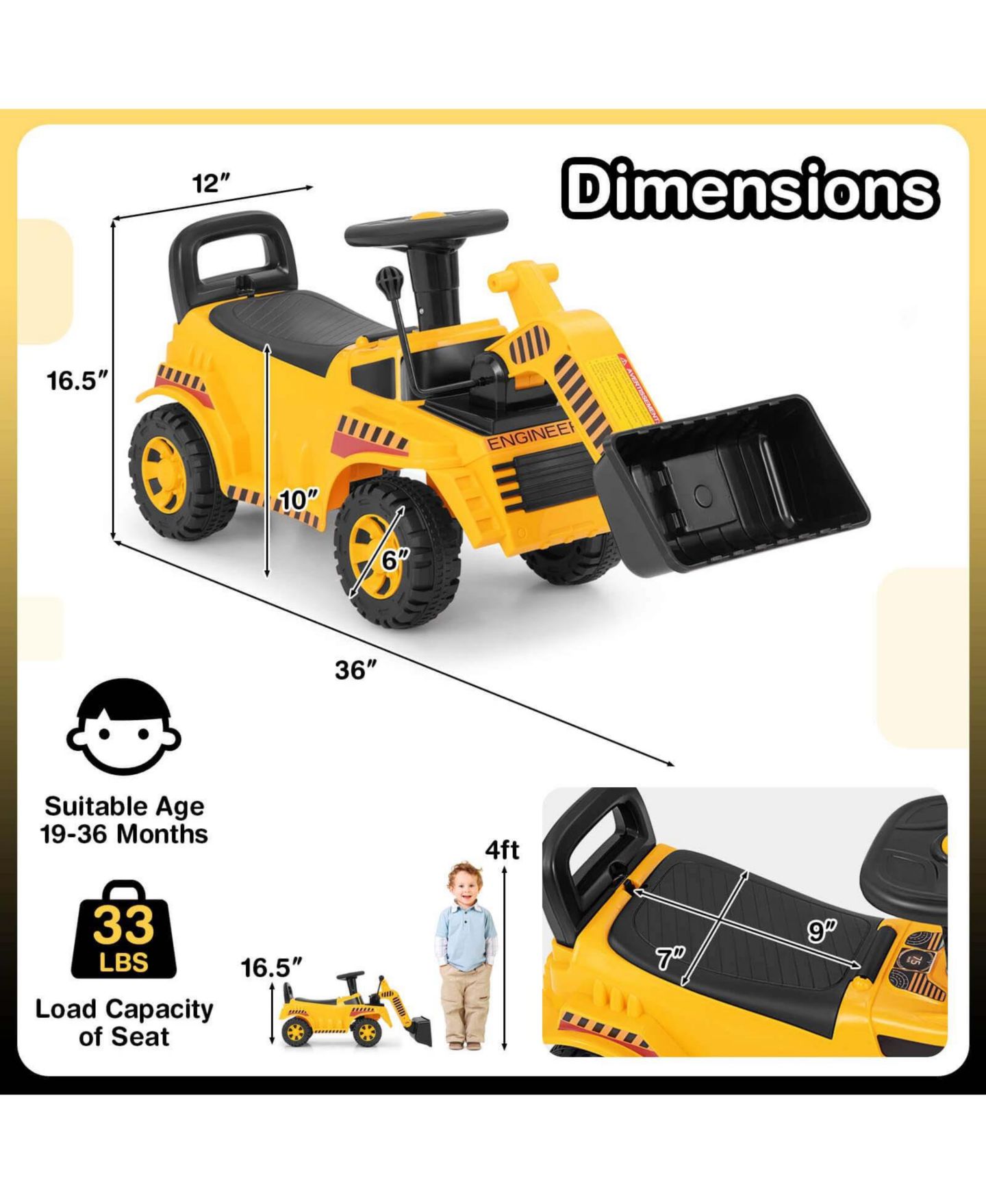 Детская игрушка Costway Ride-On Bulldozer with Adjustable Bucket & Engine Sound, 33 lb. Capacity, Ages 19-36 Months, цвет: Жёлтый — фото 4