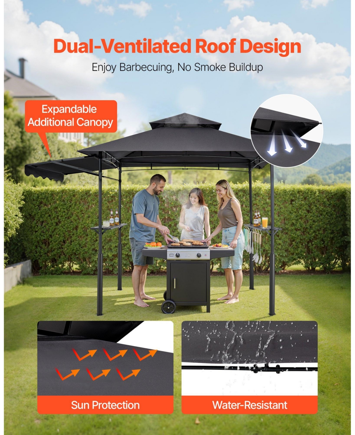 Slickblue Reinforced 8'x5' Outdoor Grill Gazebo with Awning, Shelf, and Double-Tier Top