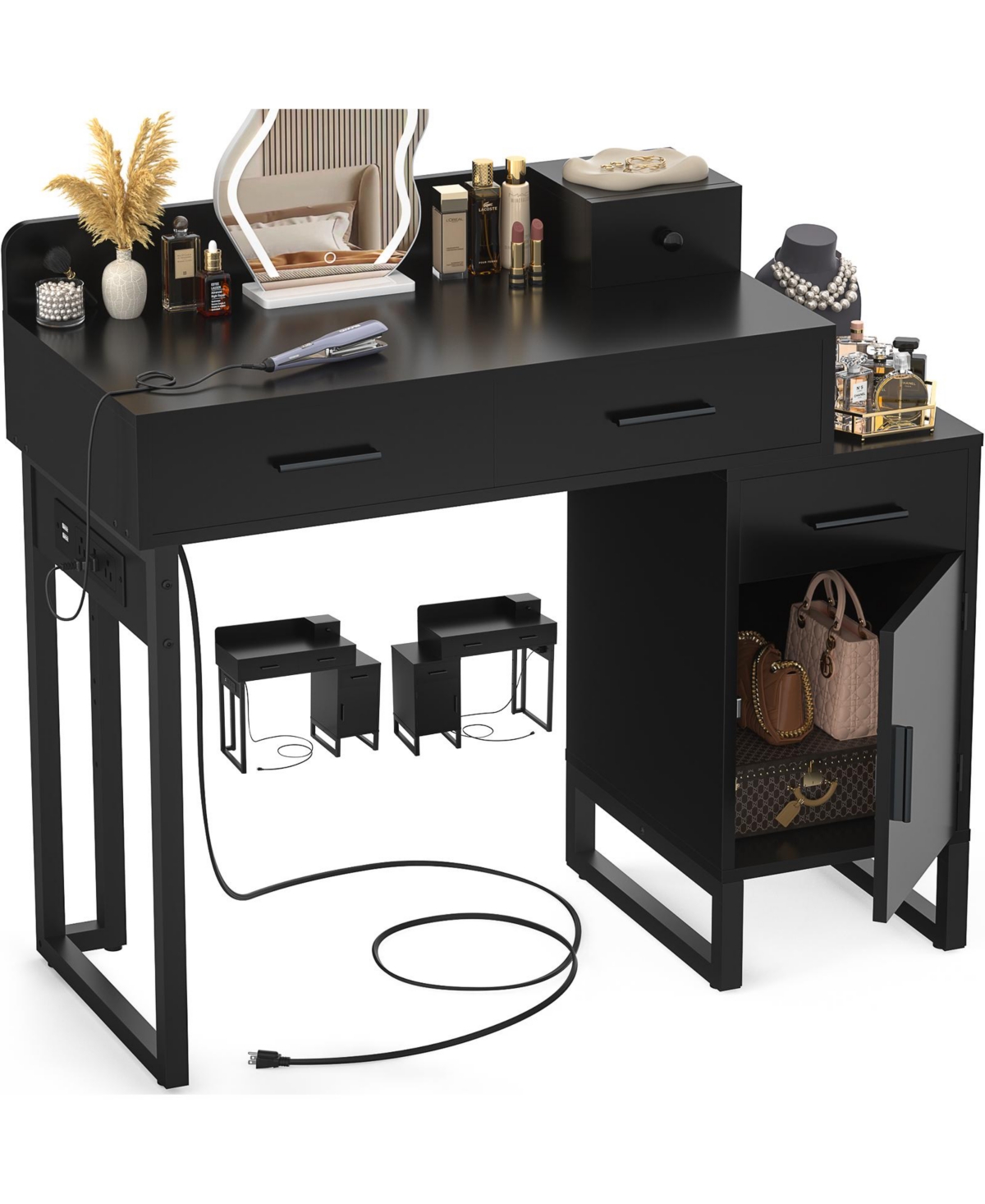 Makeup Vanity Desk with 4 Drawers and Cabinet, Dressing Table Outlets for Small Space