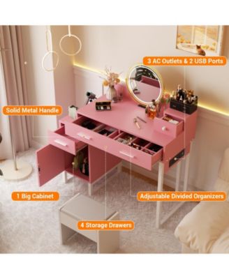 Makeup Vanity Desk with 4 Drawers and Cabinet, Dressing Table with Outlets for Small Space