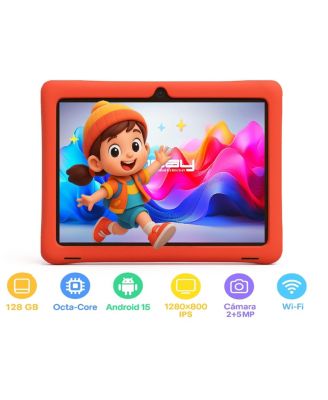 10.1" Kids Funny Tablet Octa Core 128GB Bundle with Red Kids Backpack New Android 15 Dual Camera