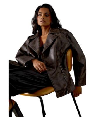 Women's Oversized Whipstitch Leather Look Jacket