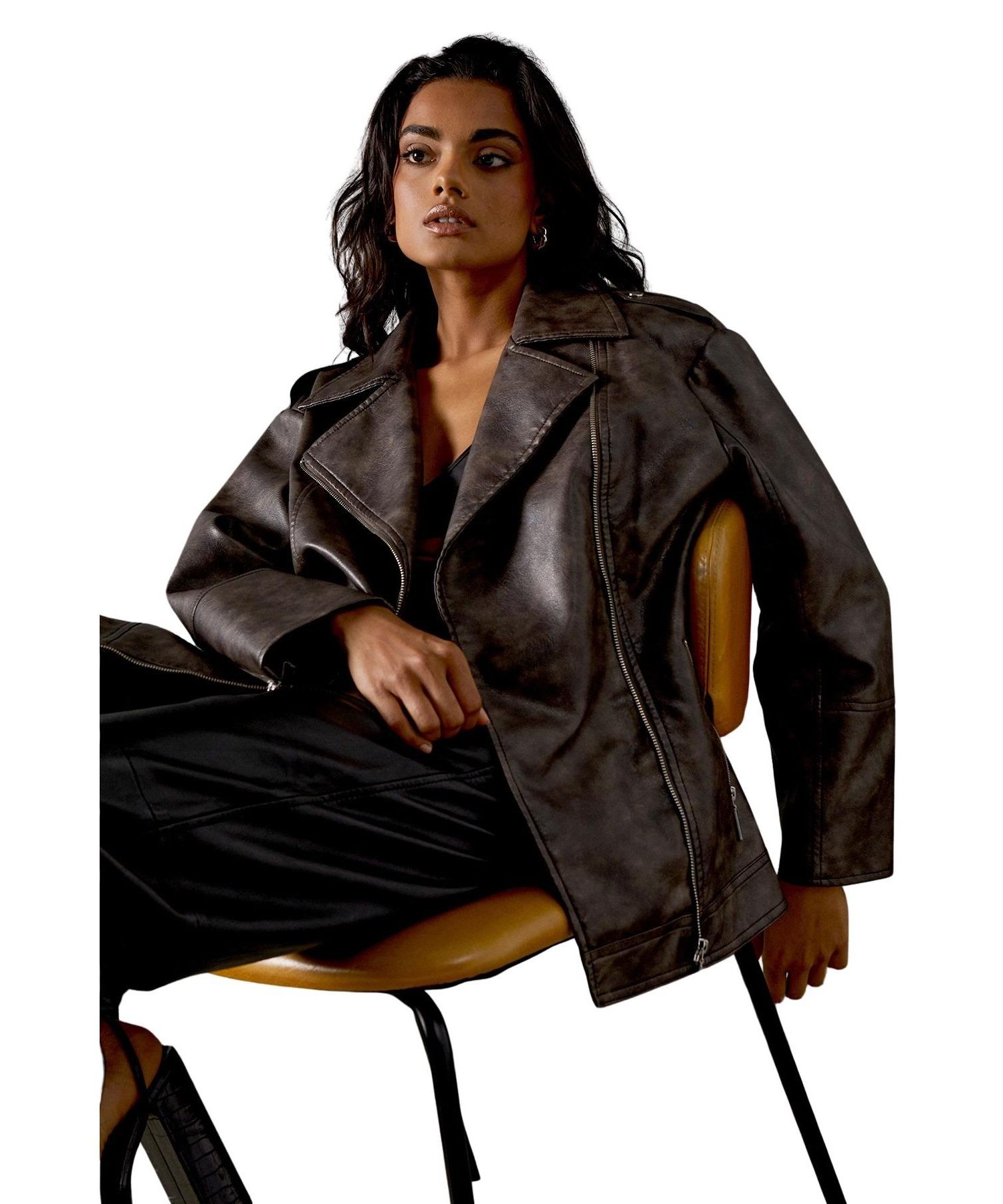 Women's Oversized Whipstitch Leather Look Jacket