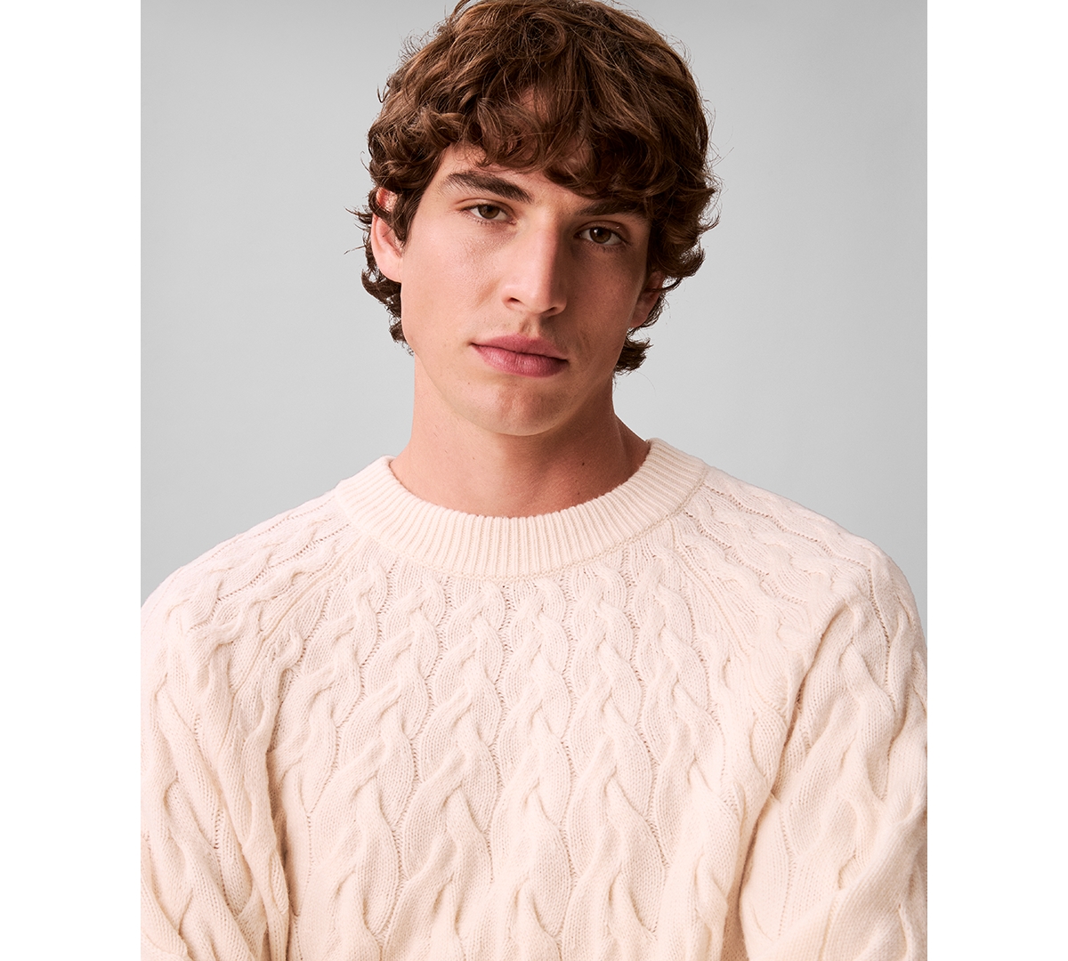 Calvin Klein Lambswool Blend Cable Knit Crew Neck In Neutral