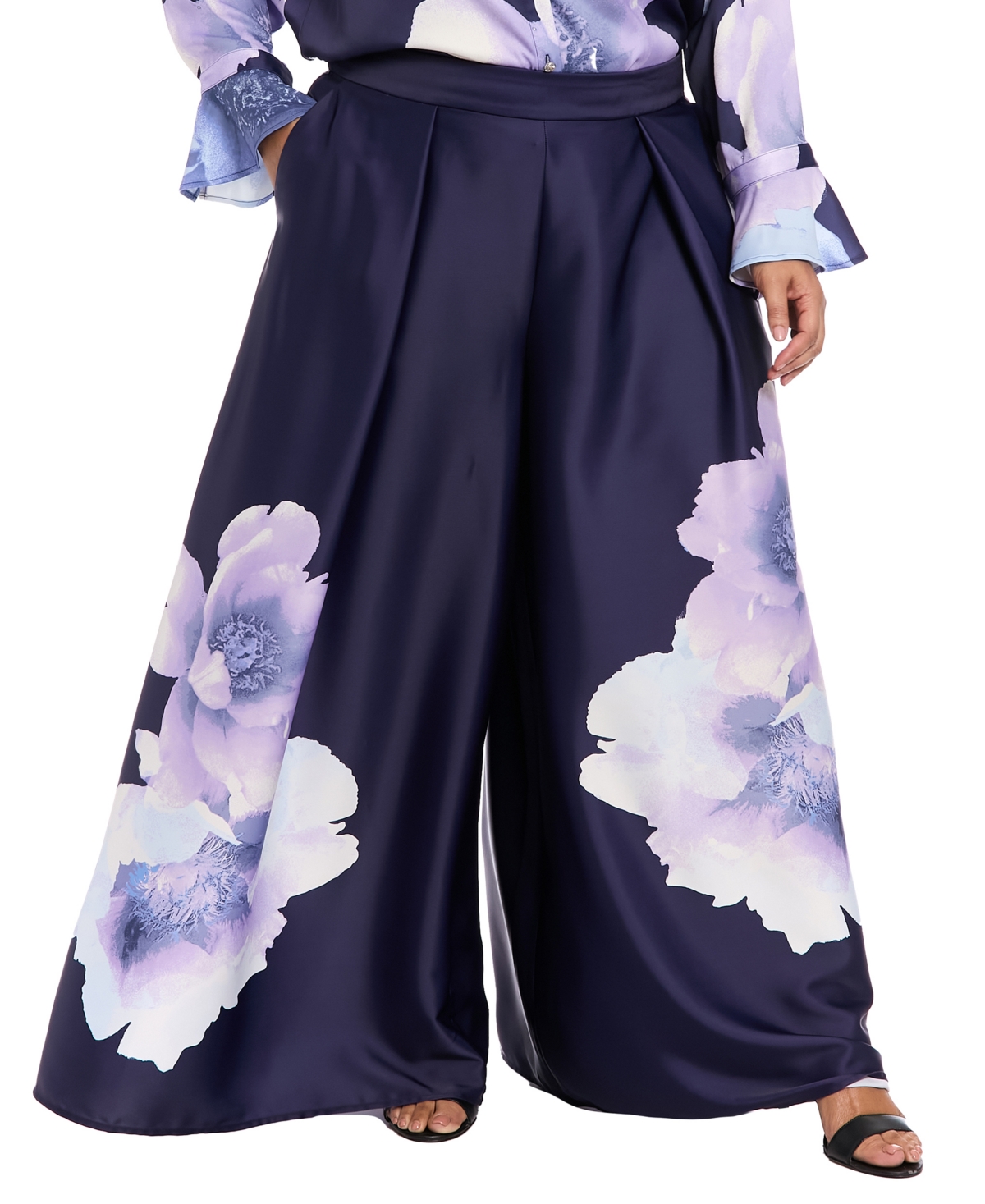 Muse Plus Size Front Pleat Floral Placement Palazzo Pants In Multi