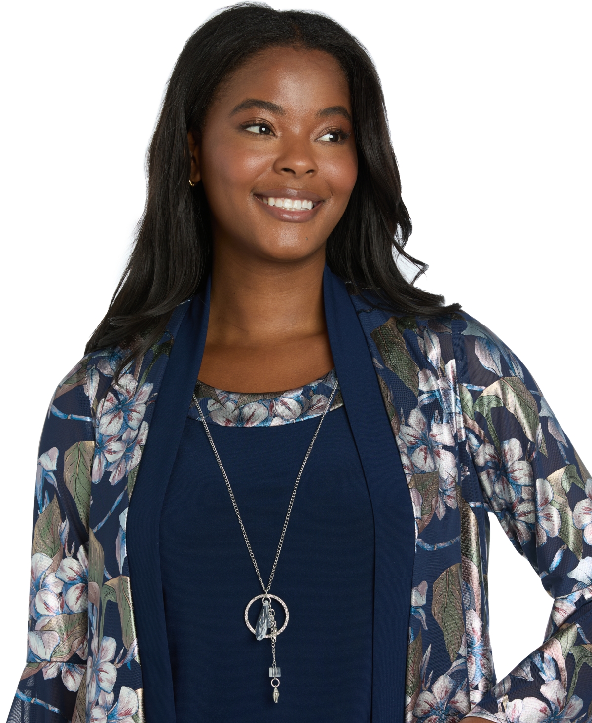 R & M Richards Women's Foil Printed Jacket Pantsuit With Tank And Pull-on Pants In Blue