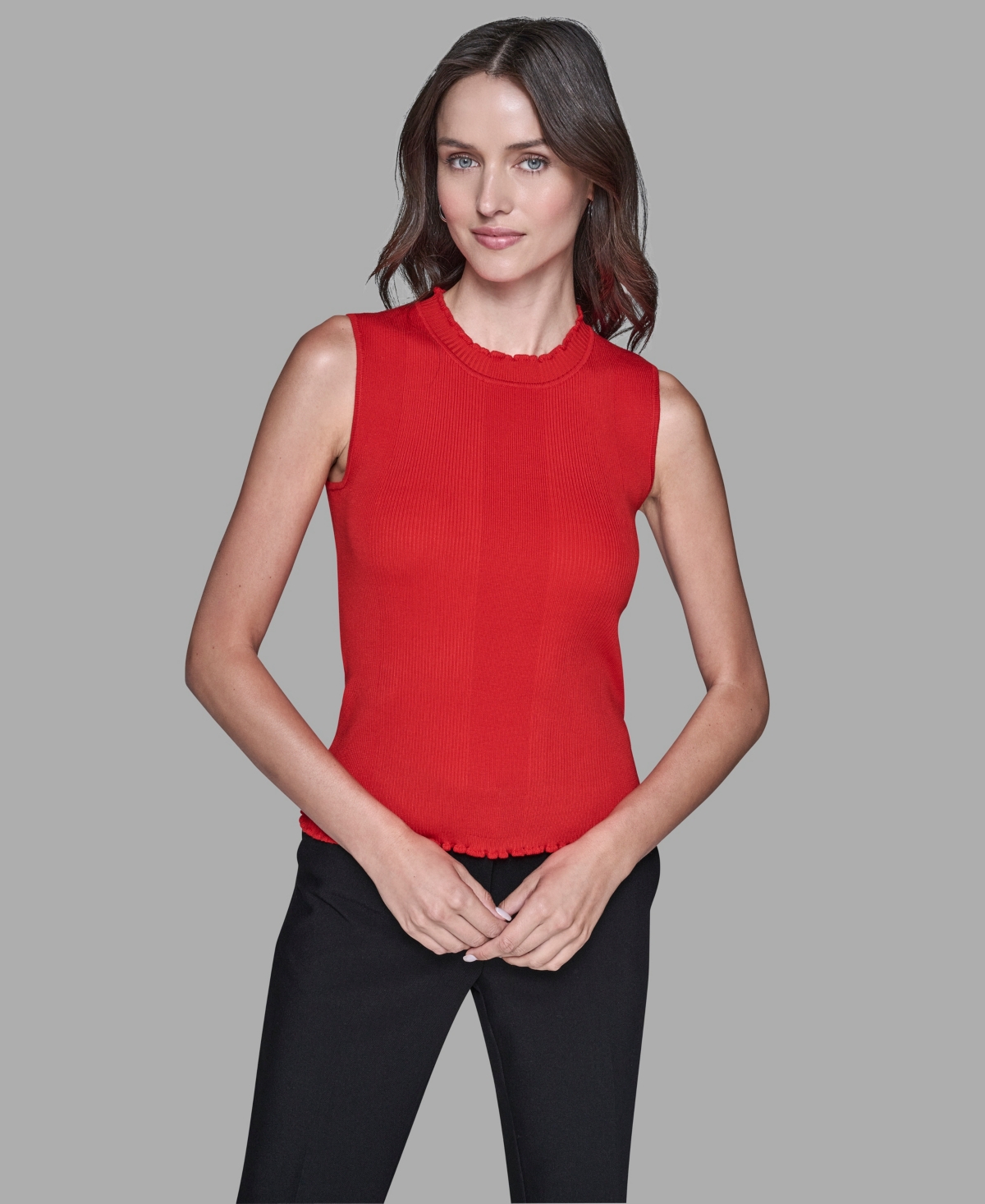Karl Lagerfeld Paris Women's Ruffled Rib-Knit Sleeveless Top