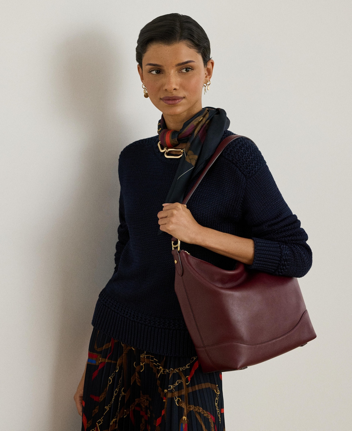 Ralph Lauren Smooth Leather Tasha Bucket Bag In Burgundy