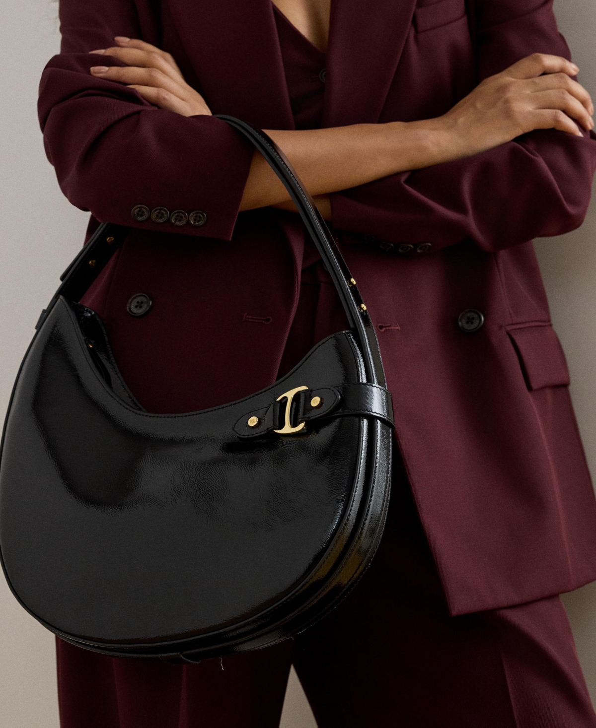 Ralph Lauren Crinkle Patent Leather Tasha Shoulder Bag In Black