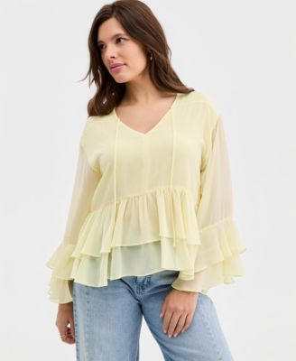 On 34th - Women's Woven Solid Chiffon Ruffle Top