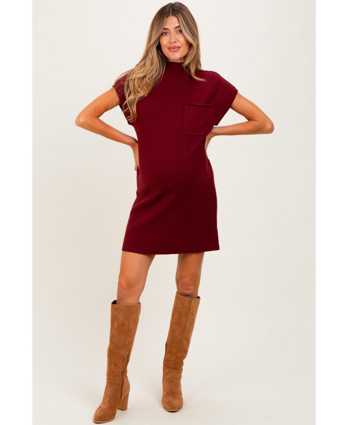 Pinkblush Maternity Burgundy Ribbed Knit Short Sleeve Sweater Dress
