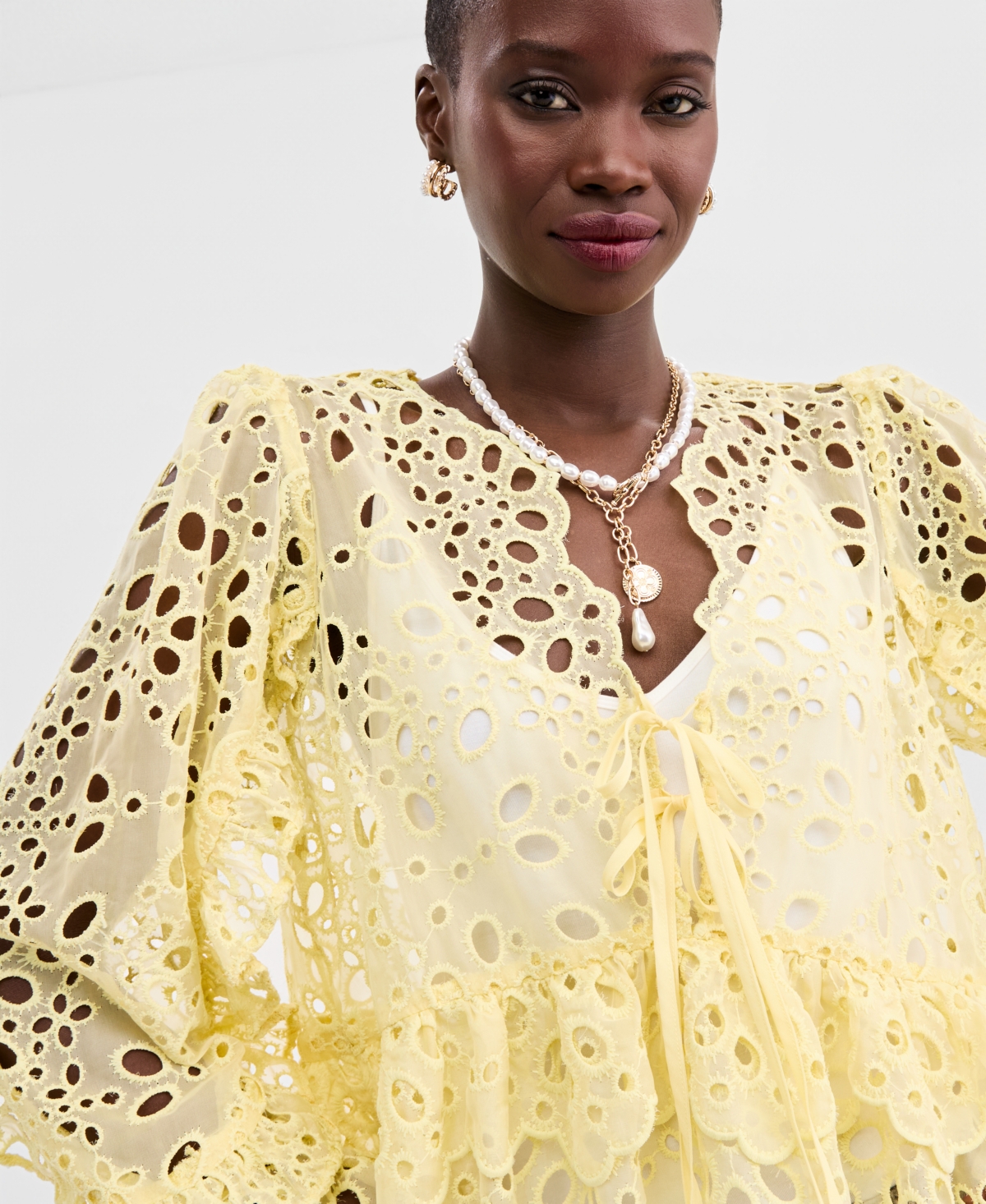 On 34th Women's Woven Long-Sleeve Cut-Work Blouse, Macy's Exclusive