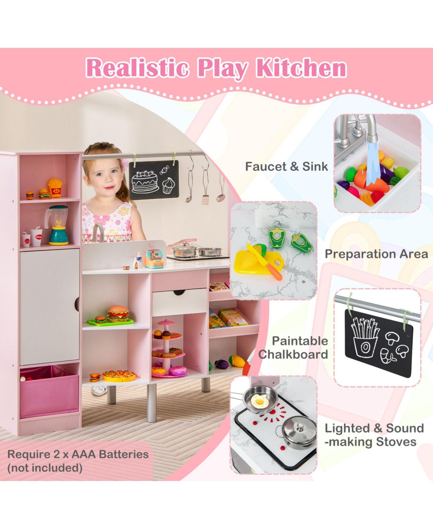 Детская игрушка SKONYON 2-in-1 Double-Sided Kids Kitchen and Market with Lights and Sound, 82-Piece Playset, Ages 3+, цвет: Розовый — фото 4