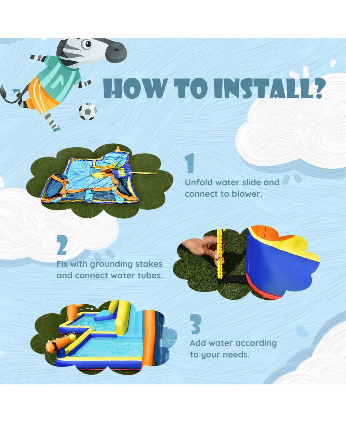 Sugift Giant Soccer-Themed Inflatable Water Slide With 735W Blower