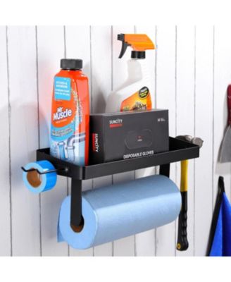 15"L × 5.5"W Garage Paper Towel Holder with Shelf - Wall Mount Paper Towel Holder with 4 Hooks, Single-Hand Tear Paper Towel Tissue Holder