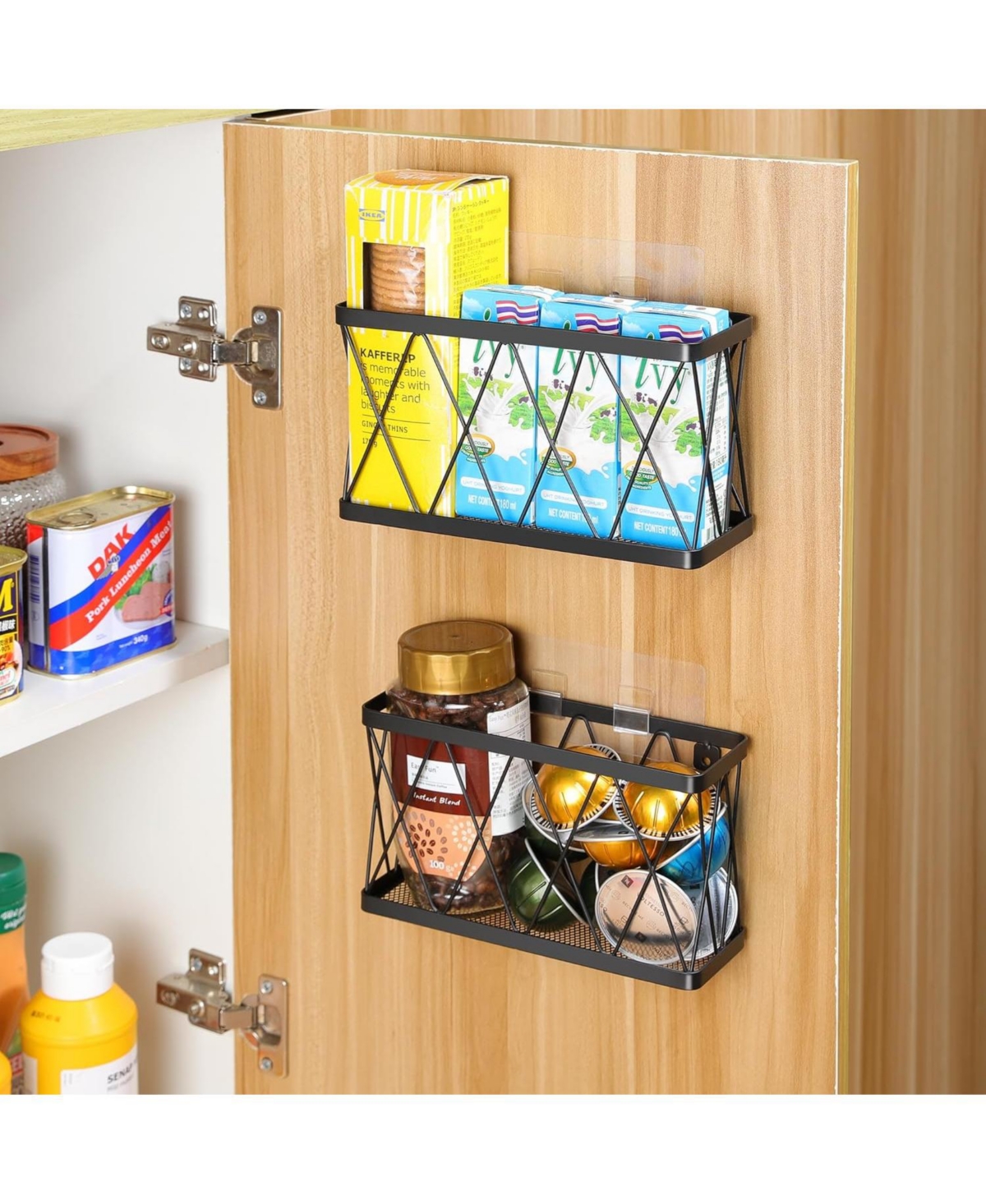 3 Pack Adhesive Cabinet Organizer - Wall Mounted Pantry Door Organizer Bin Holder for Tupperware Lid Kitchen Wall Under Sink Basket Slim Space Black