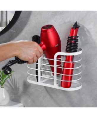 White Hair Dryer Holder - Adhesive Blow Dryer Holder/Hair Tool Organizer Bathroom Organizer Stick on Wall Mounted Multi-Functional Hair Dryer Rack