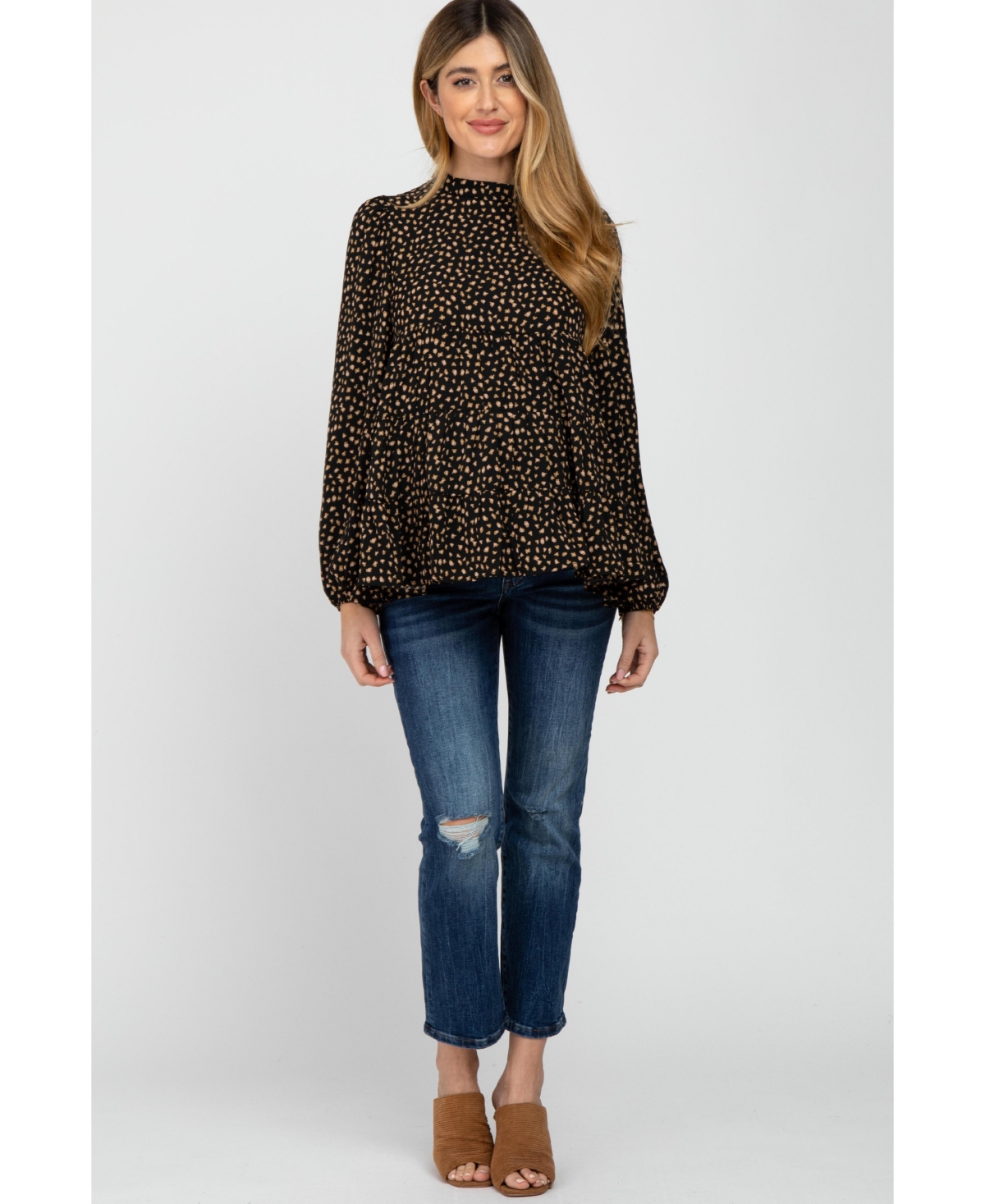 Pinkblush Maternity Black Animal Print Mock Neck Tiered Top
