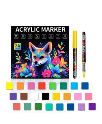 24 Vivid Colors Acrylic Paint Markers with Brush Tip & Liquid Ink Control for Rock, Canvas, Glass, Plastic, Fabric, Eggs