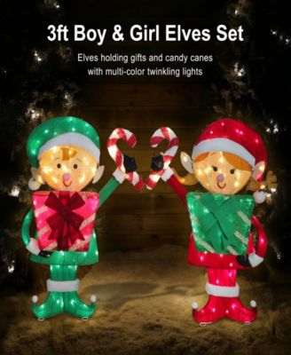 Elf Couple with Gift Boxes and Candy Cane, Set of 2