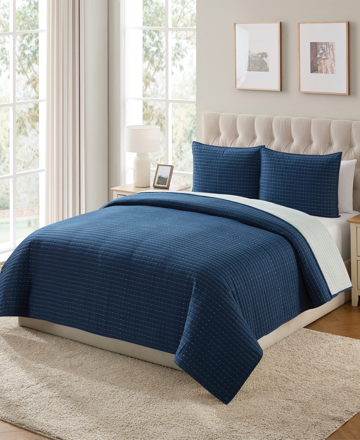 Vcny Home Embroidered Pick Stitch Microfiber 3-pc. Quilt Set, King In Blue