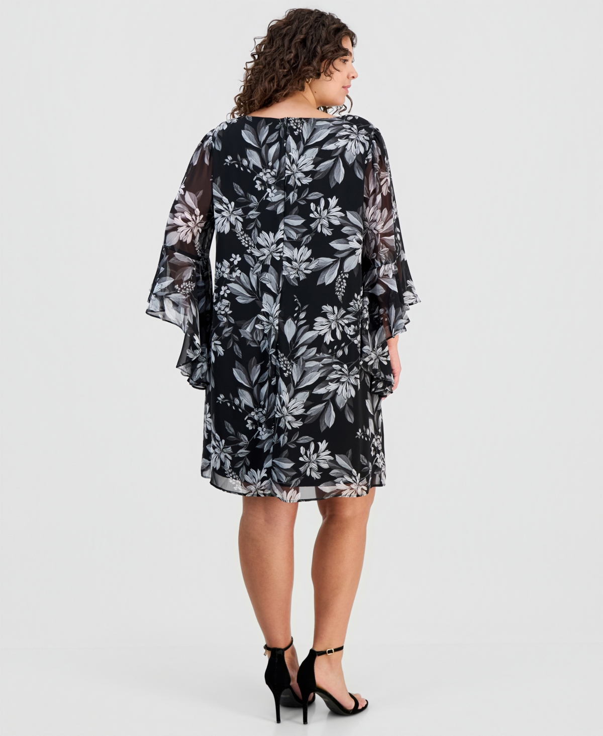 Connected Plus Printed Ruffled-Bell-Sleeve Chiffon Dress