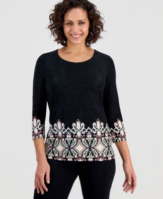 Women's Printed 3/4 Sleeve Scoop-Neck Jacquard Top