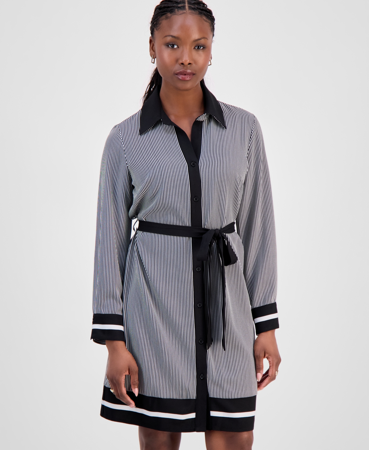 Robbie Bee Petite Border-Print Belted Dress