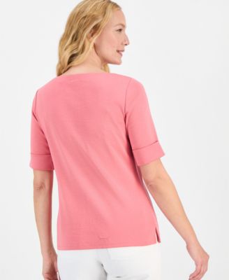 Women's Boat-Neck Elbow Sleeve Cotton Top