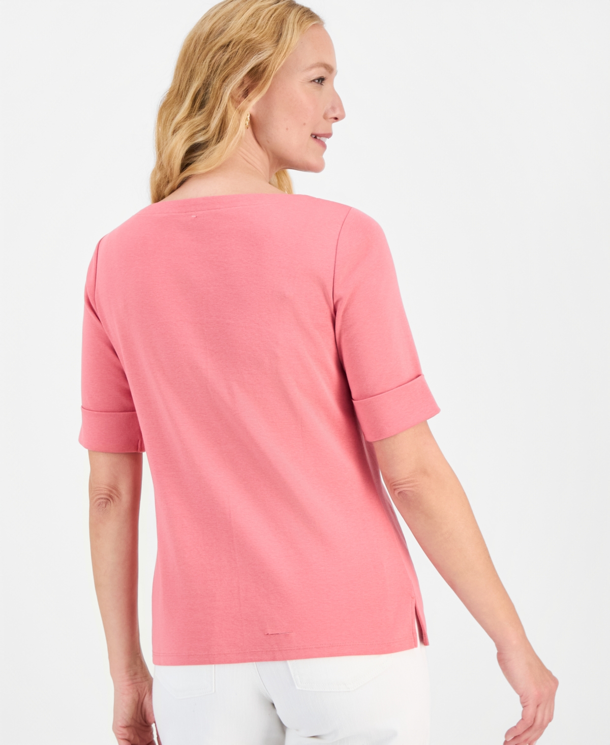 Style & Co Women's Boat-neck Elbow Sleeve Cotton Top, Exclusively At Macy's In Pink