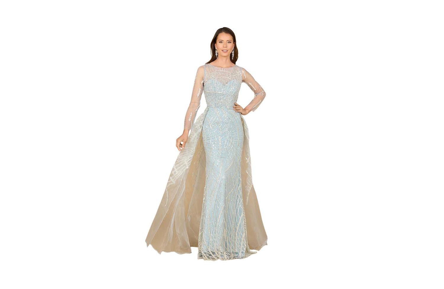 Women's Long Sleeve Lace Gown with Tulle Overskirt