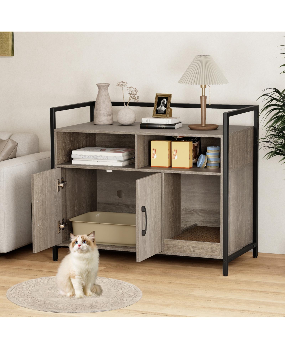 Gymax Cat Litter Box Enclosure w/ Storage Compartments Removable Scratching Board