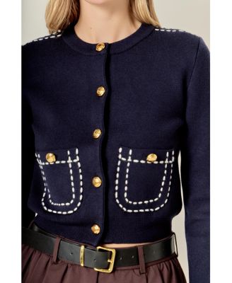 Women's Stitch Detail Puff Sleeve Cardigan