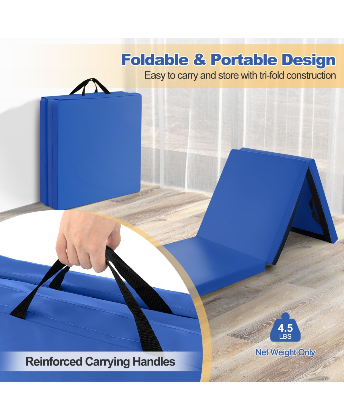 6 x 2 Ft Tri-Fold Gym Mat with Handles and Removable Zippered Cover