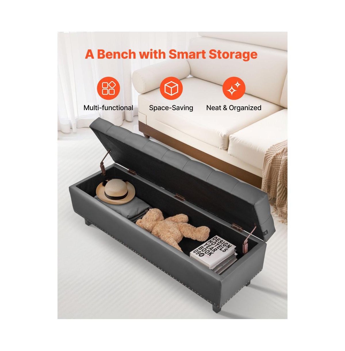 Pu Leather Storage Ottoman Bench Gray with Button-Tufted Design and Wooden Legs