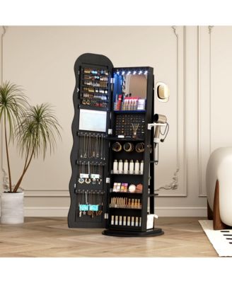 Lockable 360° Jewelry Armoire with Rotating Full Mirror