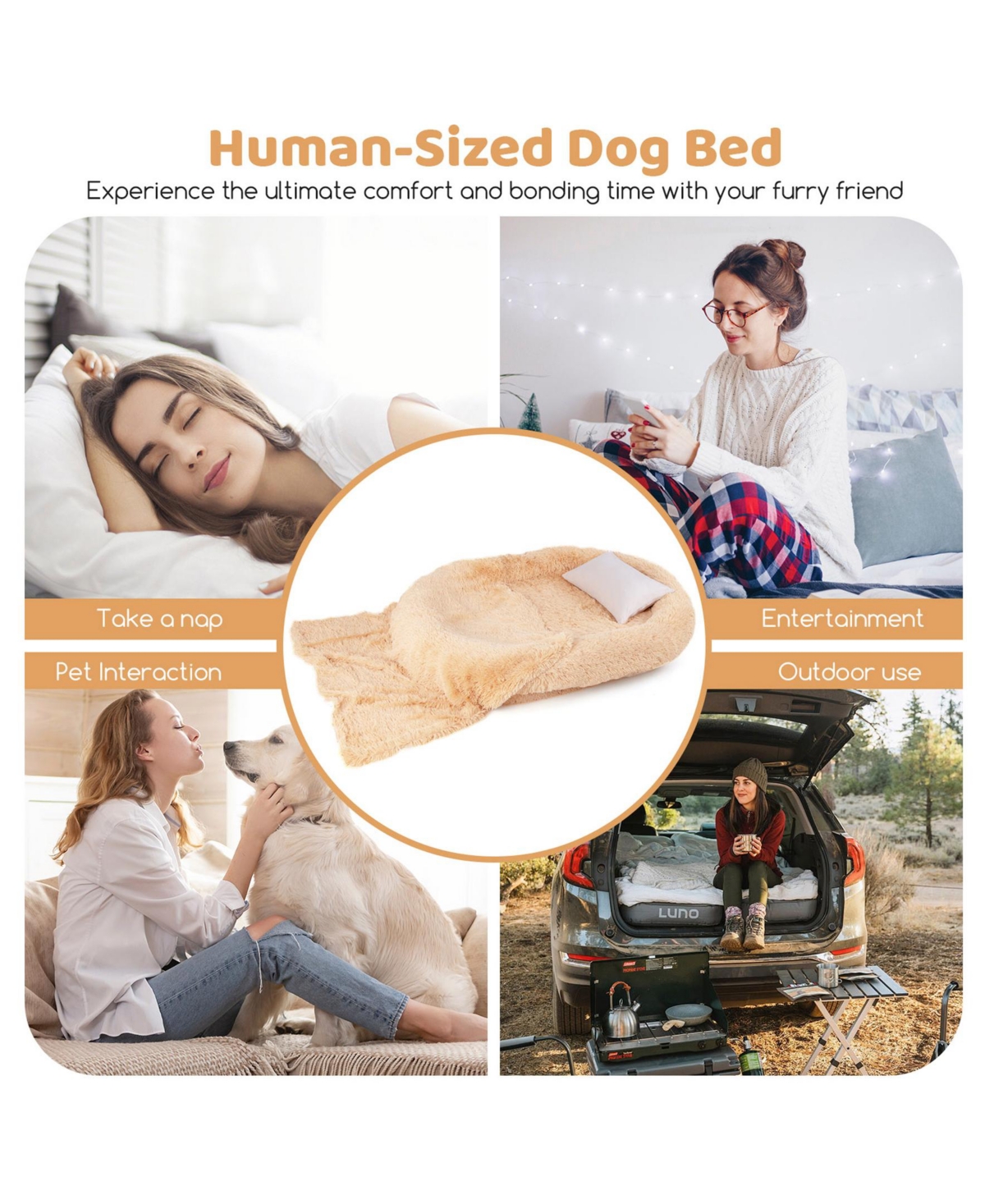 Sugift Washable Fluffy Human Dog Bed with Soft Blanket and Plump Pillow-Brown