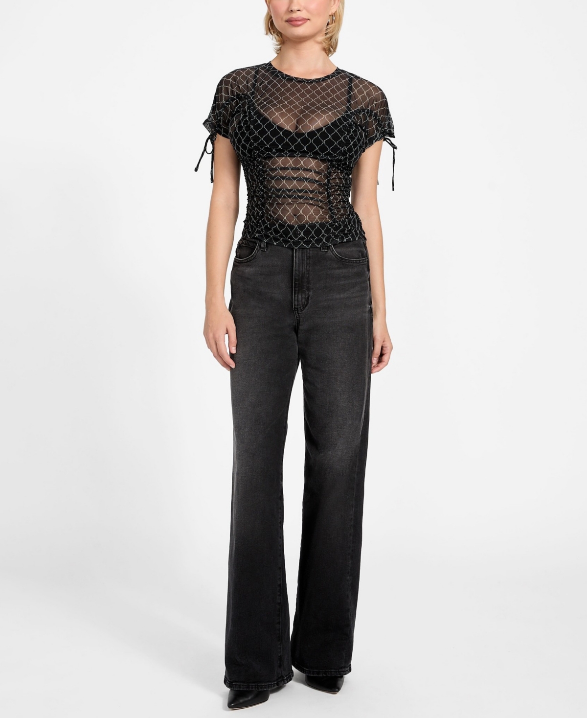 Guess Women's Chain Mesh Logo Shirred Top In Multi