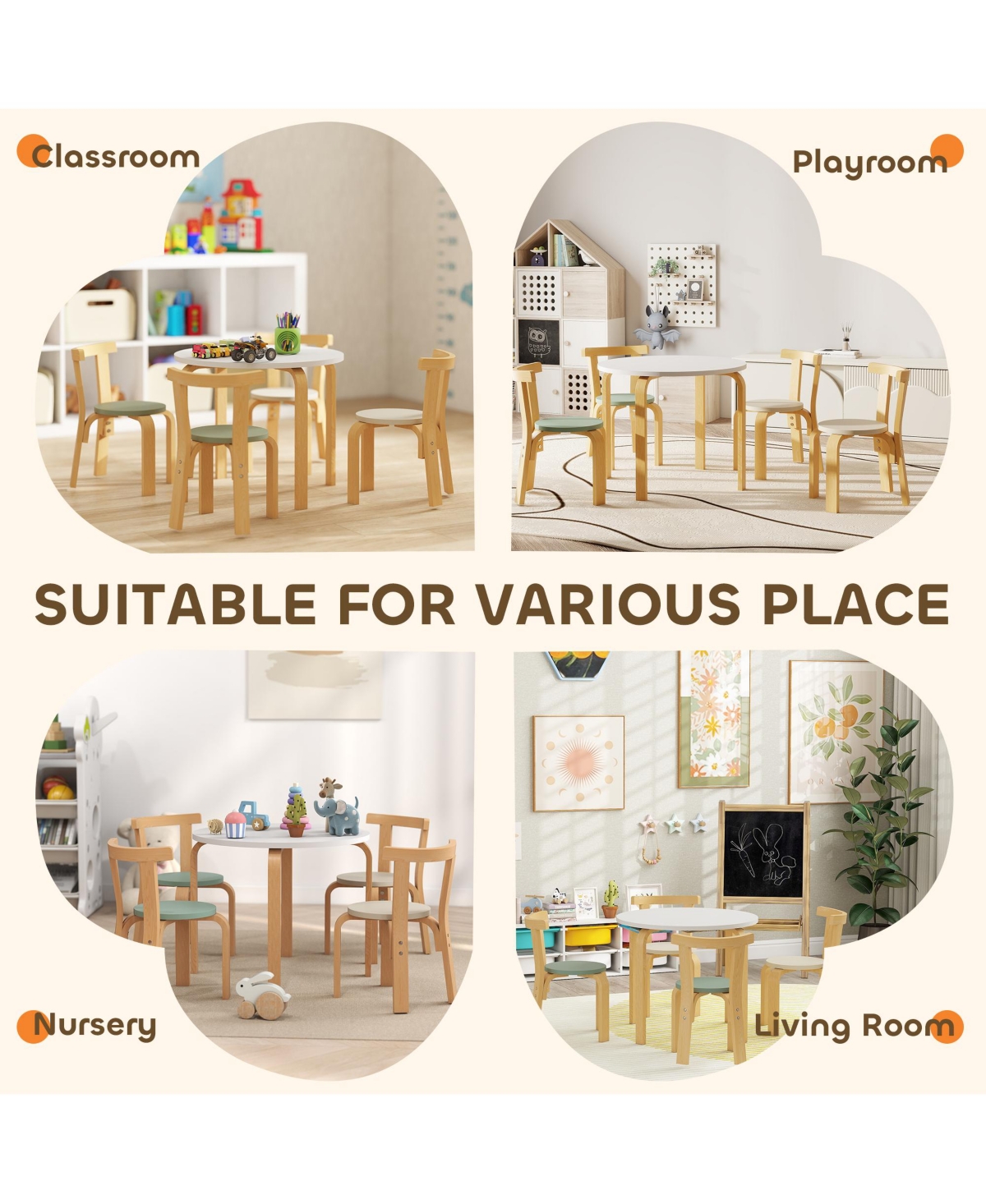 Qaba 5 Piece Kids Table and Chair Set, Wooden Table and 4 Chairs,