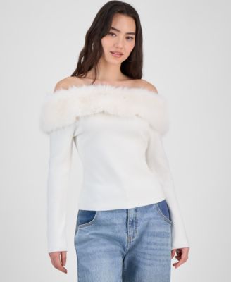 Women's Off-The-Shoulder Faux-Fur-Trim Top, Macy's Exclusive