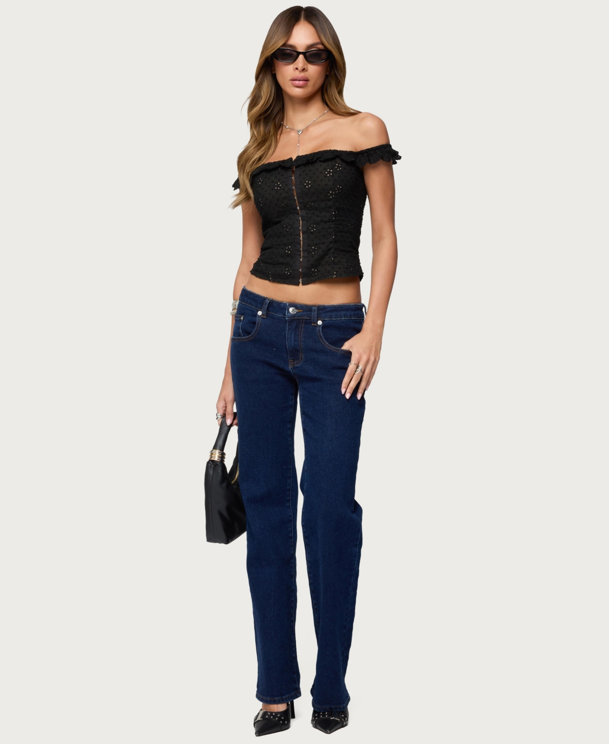 Edikted Women's Jordana Ruffle Eyelet Off Shoulder Top