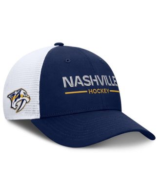 Men's Navy/White Nashville Predators Authentic Pro Rink Lockup Adjustable Trucker Hat