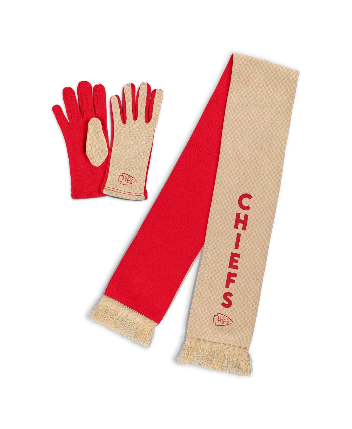 Wear By Erin Andrews Women's Kansas City Chiefs Tonal Microcheck Scarf Glove Set In Brown