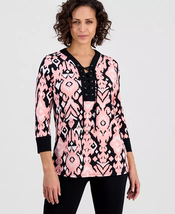 Women's Lace-Up 3/4-Sleeve Printed Top