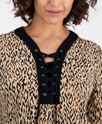 Women's Lace-Up 3/4-Sleeve Printed Top